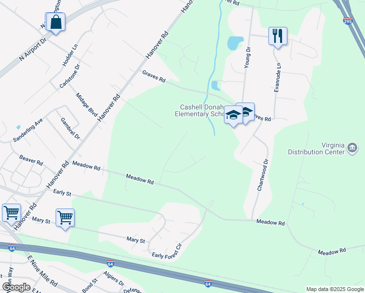 map of restaurants, bars, coffee shops, grocery stores, and more near 121 Casey Meadows Place in Sandston