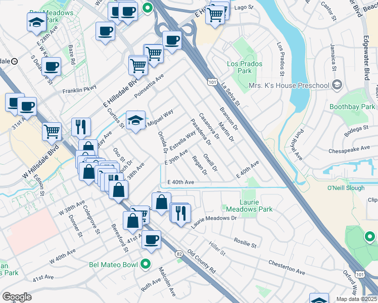 map of restaurants, bars, coffee shops, grocery stores, and more near 312 West 39th Avenue in San Mateo