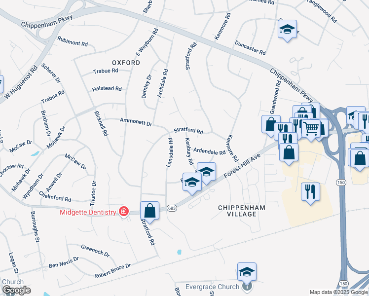map of restaurants, bars, coffee shops, grocery stores, and more near 2800 Kenbury Road in Richmond