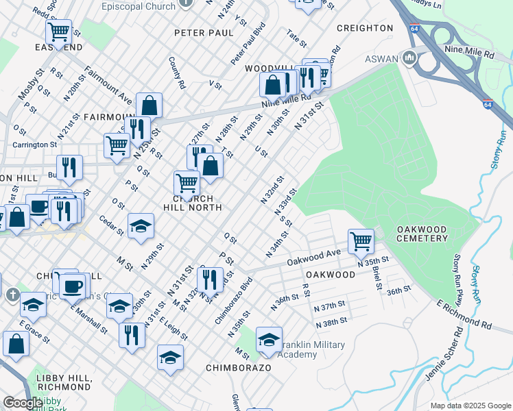 map of restaurants, bars, coffee shops, grocery stores, and more near 1228 North 32nd Street in Richmond