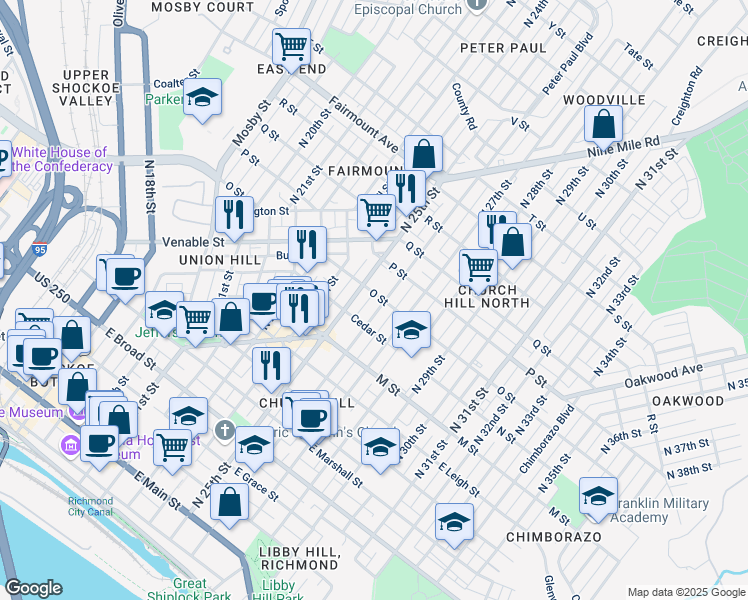 map of restaurants, bars, coffee shops, grocery stores, and more near 816 North 26th Street in Richmond