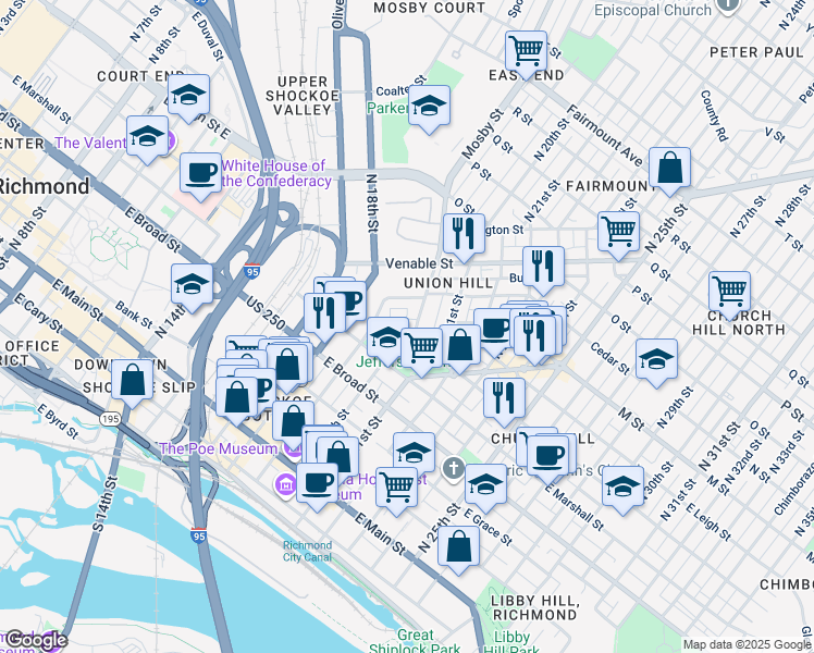 map of restaurants, bars, coffee shops, grocery stores, and more near 1922 Princess Anne Avenue in Richmond