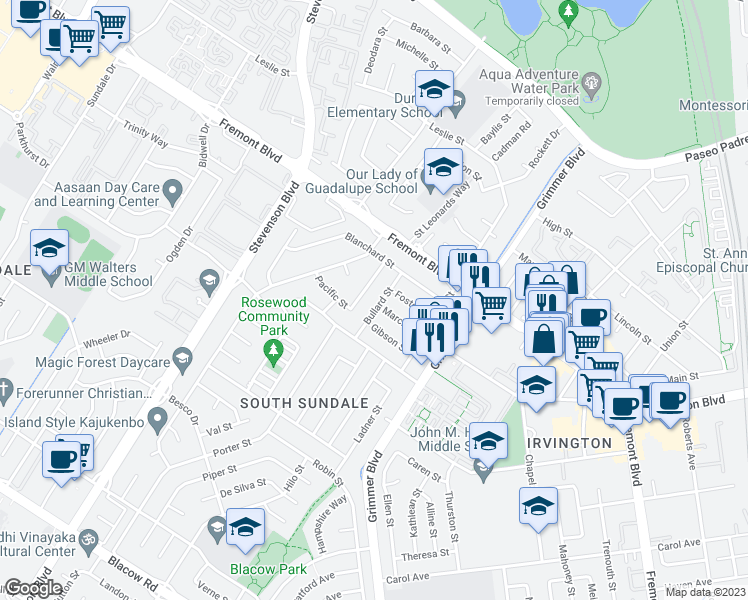 map of restaurants, bars, coffee shops, grocery stores, and more near 4167 Bullard Street in Fremont