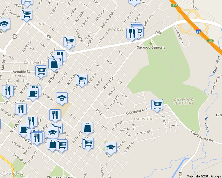 map of restaurants, bars, coffee shops, grocery stores, and more near 1226 North 32nd Street in Richmond