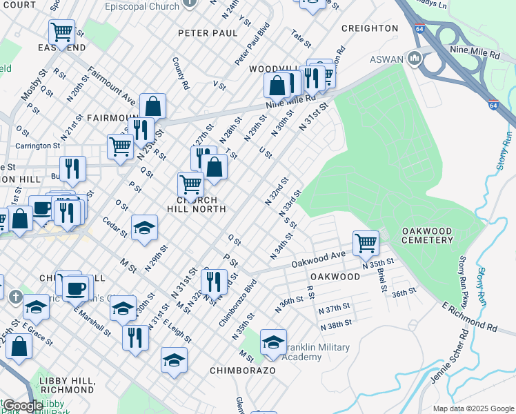 map of restaurants, bars, coffee shops, grocery stores, and more near 1226 North 32nd Street in Richmond