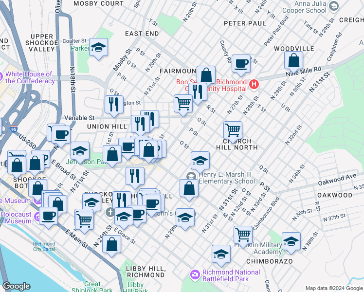 map of restaurants, bars, coffee shops, grocery stores, and more near 816 North 26th Street in Richmond