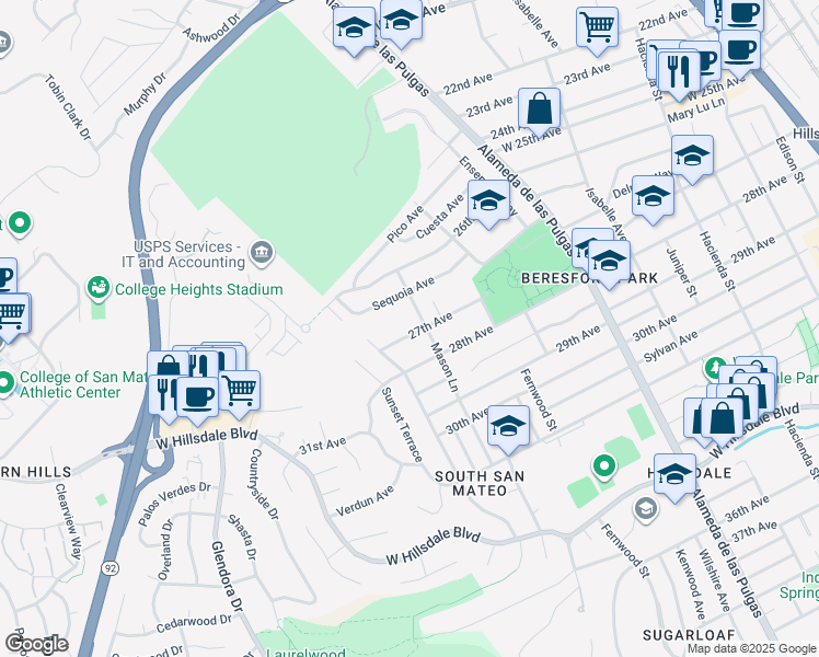 map of restaurants, bars, coffee shops, grocery stores, and more near 758 27th Avenue in San Mateo