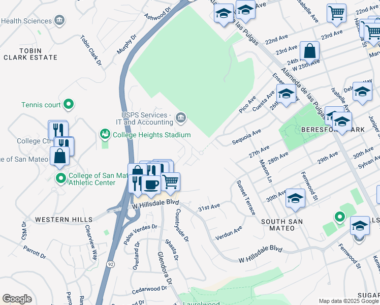 map of restaurants, bars, coffee shops, grocery stores, and more near 2419 Willow Way in San Mateo