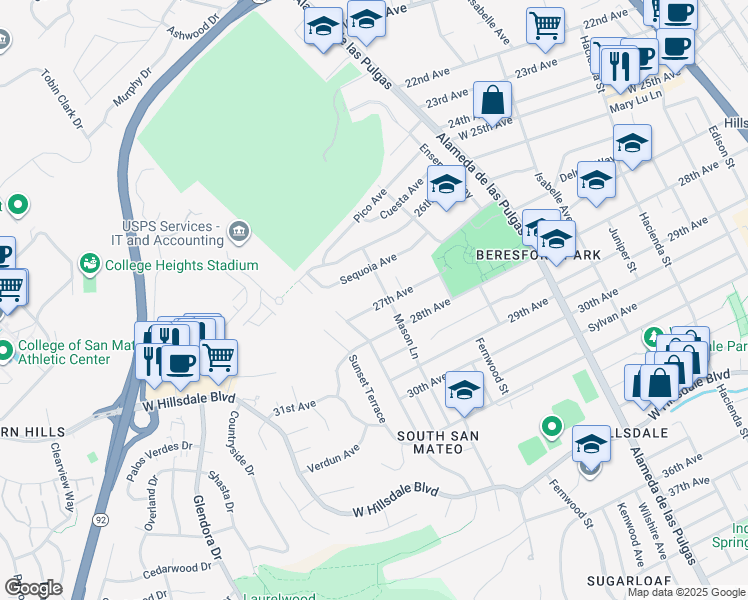 map of restaurants, bars, coffee shops, grocery stores, and more near 758 27th Avenue in San Mateo