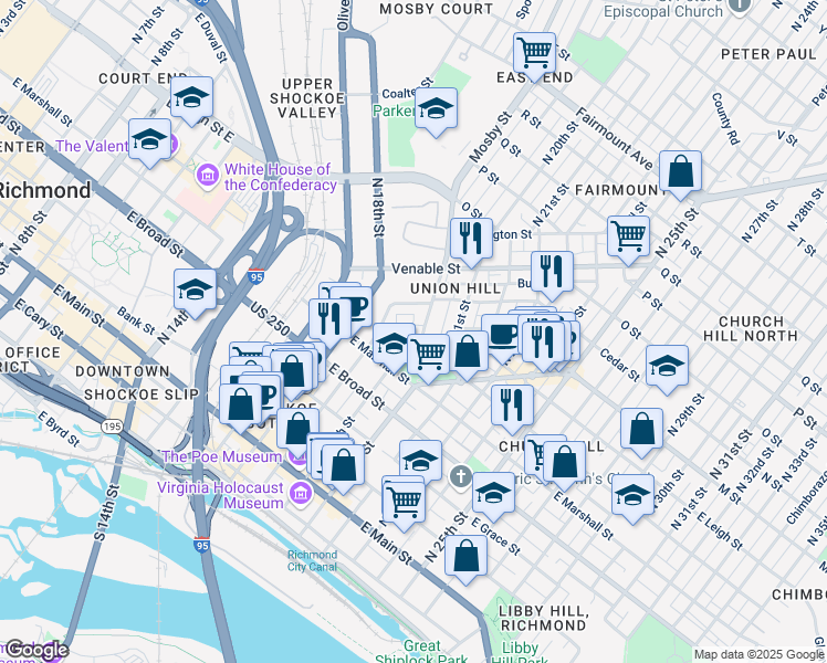 map of restaurants, bars, coffee shops, grocery stores, and more near 1922 Princess Anne Avenue in Richmond