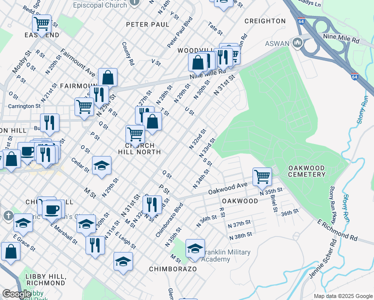 map of restaurants, bars, coffee shops, grocery stores, and more near 1230 North 32nd Street in Richmond