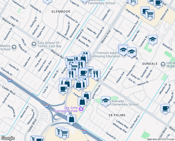 map of restaurants, bars, coffee shops, grocery stores, and more near 39024 Blacow Road in Fremont