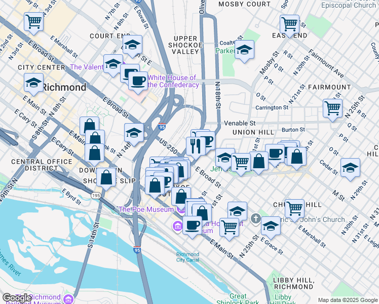 map of restaurants, bars, coffee shops, grocery stores, and more near 325 Oliver Hill Way in Richmond