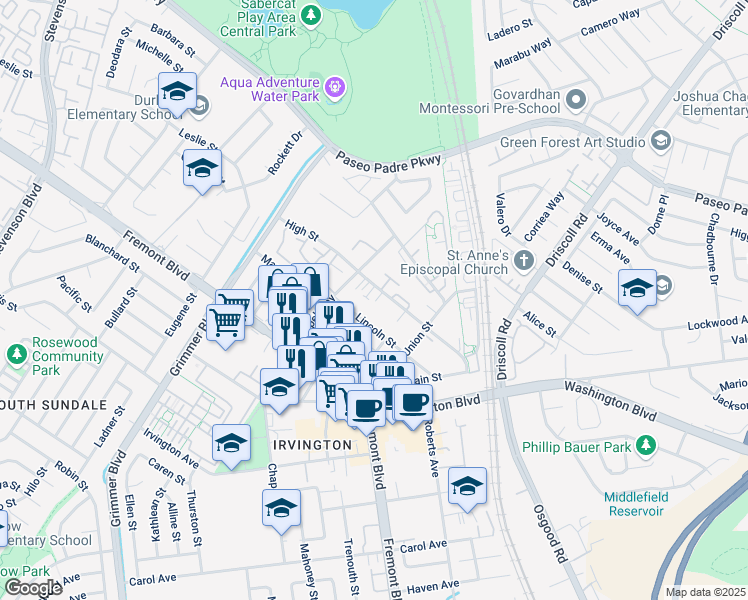 map of restaurants, bars, coffee shops, grocery stores, and more near 40868 Lincoln Street in Fremont
