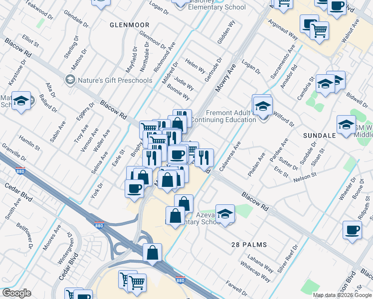 map of restaurants, bars, coffee shops, grocery stores, and more near in Fremont