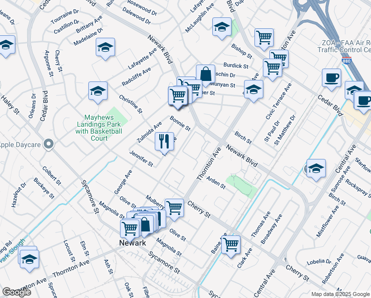 map of restaurants, bars, coffee shops, grocery stores, and more near 6290 Dairy Avenue in Newark