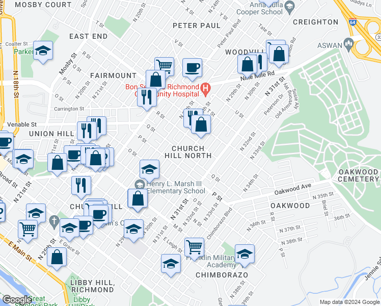 map of restaurants, bars, coffee shops, grocery stores, and more near 1016 North 29th Street in Richmond
