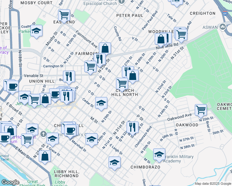 map of restaurants, bars, coffee shops, grocery stores, and more near 1011 North 28th Street in Richmond