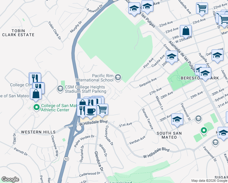 map of restaurants, bars, coffee shops, grocery stores, and more near 2417 Willow Way in San Mateo