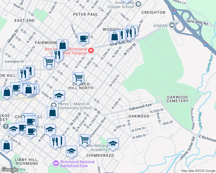 map of restaurants, bars, coffee shops, grocery stores, and more near 1230 North 32nd Street in Richmond