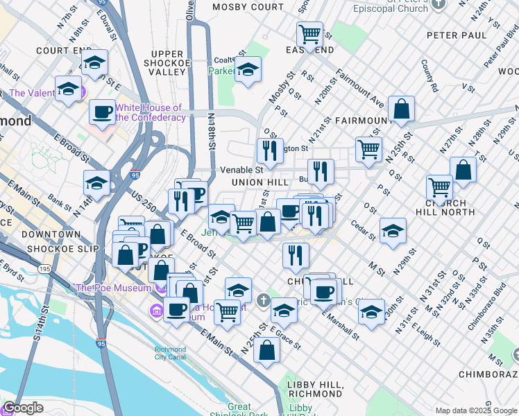 map of restaurants, bars, coffee shops, grocery stores, and more near 530 North 21st Street in Richmond