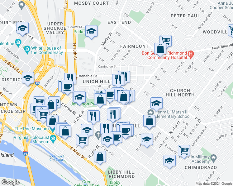 map of restaurants, bars, coffee shops, grocery stores, and more near 704 North 23rd Street in Richmond