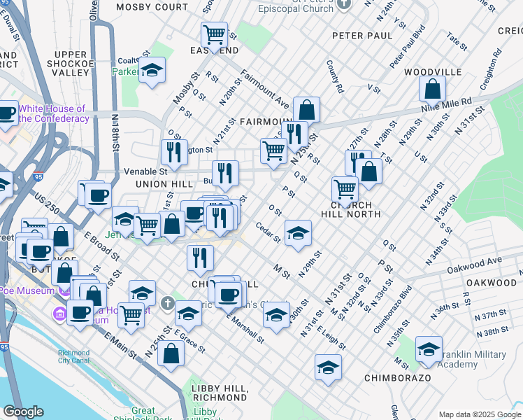 map of restaurants, bars, coffee shops, grocery stores, and more near 813 North 25th Street in Richmond
