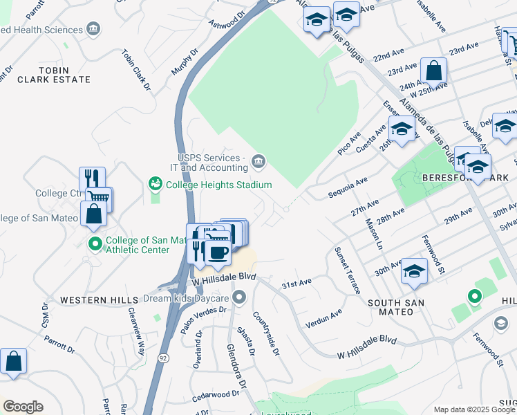 map of restaurants, bars, coffee shops, grocery stores, and more near 2755 Campus Drive in San Mateo