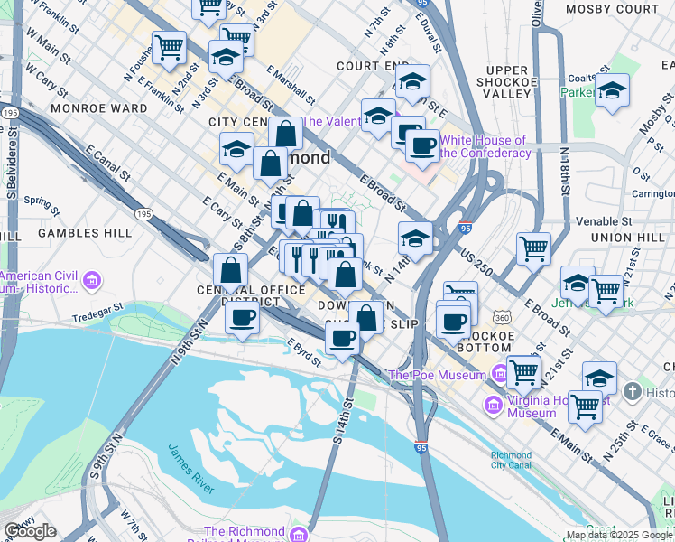 map of restaurants, bars, coffee shops, grocery stores, and more near 1205 East Main Street in Richmond