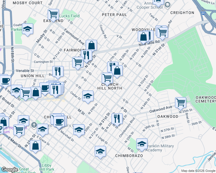 map of restaurants, bars, coffee shops, grocery stores, and more near 1016 North 29th Street in Richmond