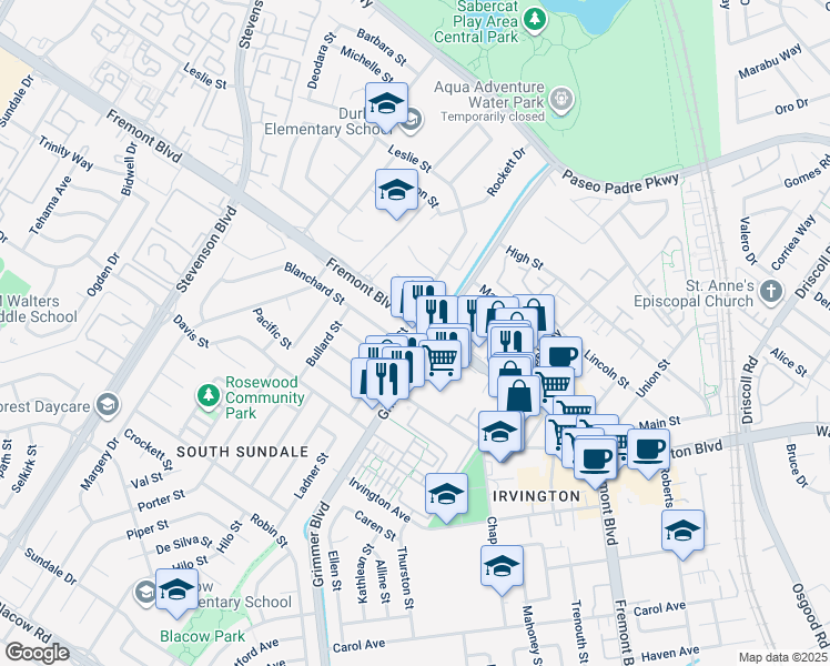 map of restaurants, bars, coffee shops, grocery stores, and more near 4102 Eugene Street in Fremont