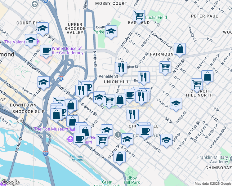 map of restaurants, bars, coffee shops, grocery stores, and more near 2108 East Leigh Street in Richmond