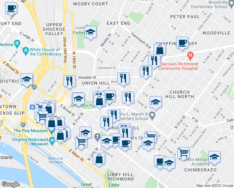 map of restaurants, bars, coffee shops, grocery stores, and more near N 23rd St & Jessamine St in Richmond