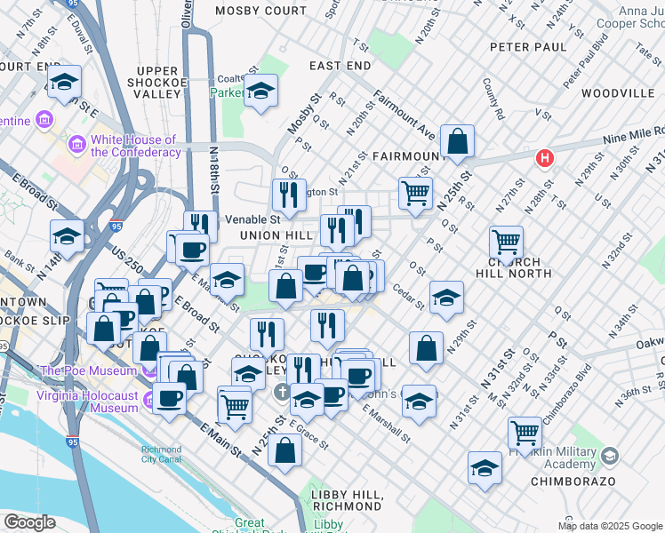 map of restaurants, bars, coffee shops, grocery stores, and more near 706 North 23rd Street in Richmond