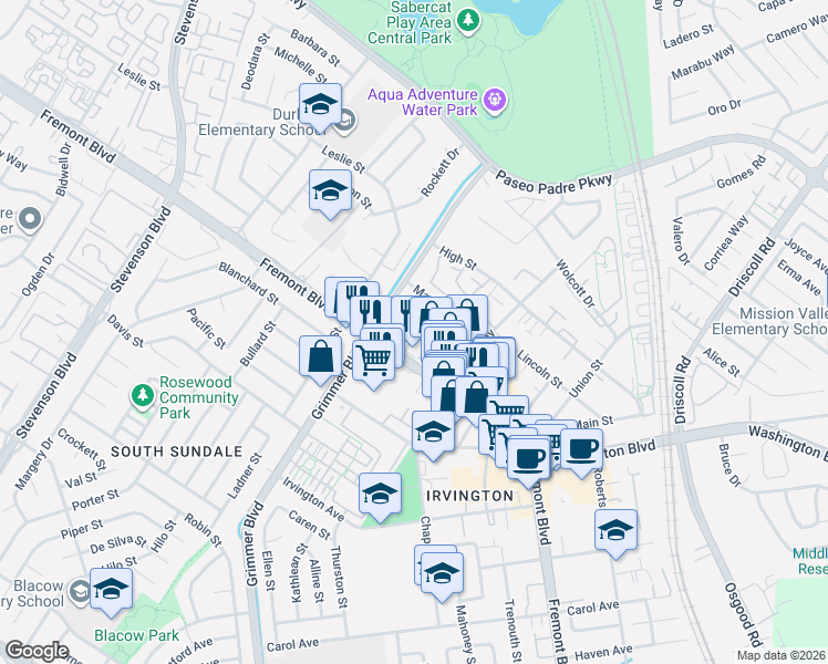 map of restaurants, bars, coffee shops, grocery stores, and more near 3972 Clough Avenue in Fremont