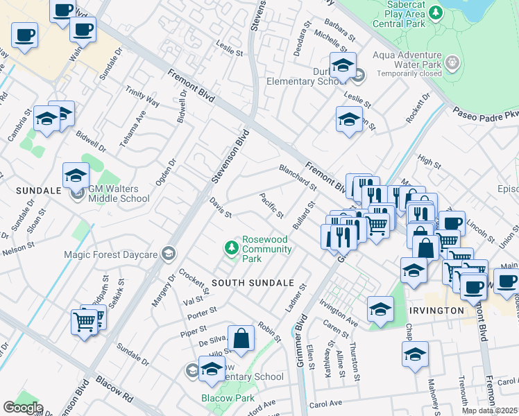 map of restaurants, bars, coffee shops, grocery stores, and more near 40271 Davis Street in Fremont
