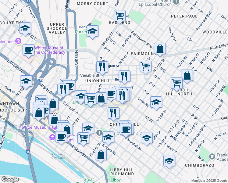 map of restaurants, bars, coffee shops, grocery stores, and more near 614 1/2 North 23rd Street in Richmond