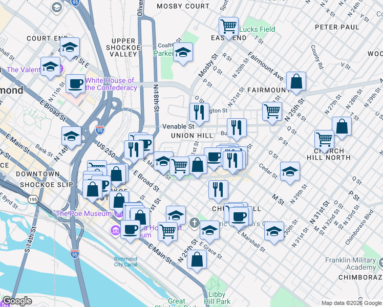 map of restaurants, bars, coffee shops, grocery stores, and more near 2108 East Leigh Street in Richmond