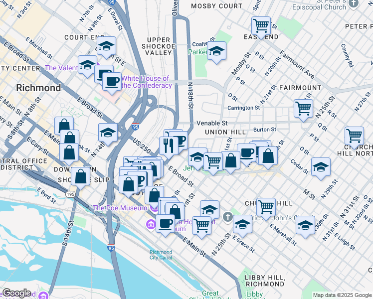 map of restaurants, bars, coffee shops, grocery stores, and more near 315 North 18th Street in Richmond