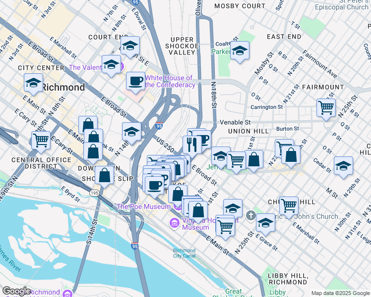 map of restaurants, bars, coffee shops, grocery stores, and more near 1710 East Broad Street in Richmond