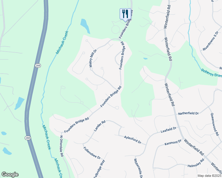 map of restaurants, bars, coffee shops, grocery stores, and more near 16107 Mabry Mill Drive in Midlothian