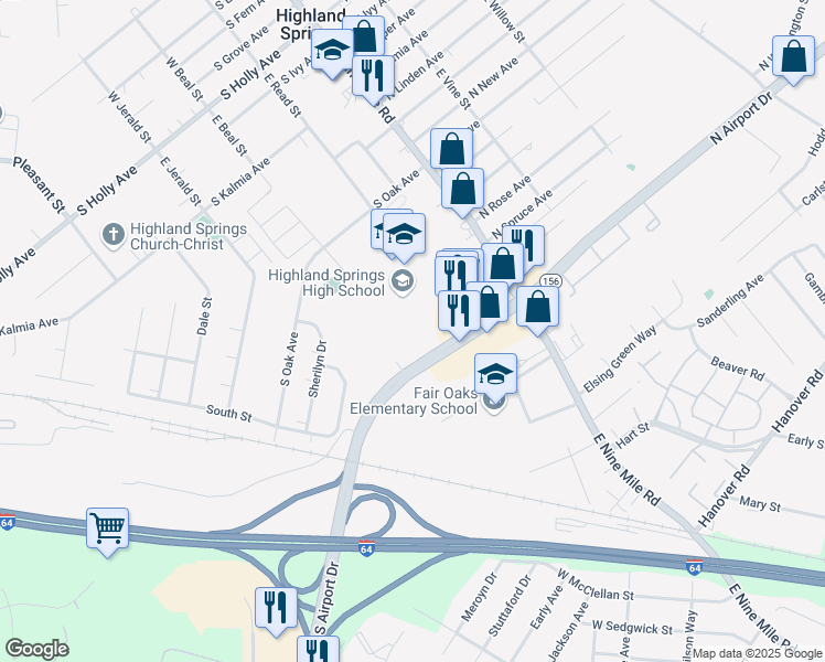 map of restaurants, bars, coffee shops, grocery stores, and more near 200 South Airport Drive in Highland Springs