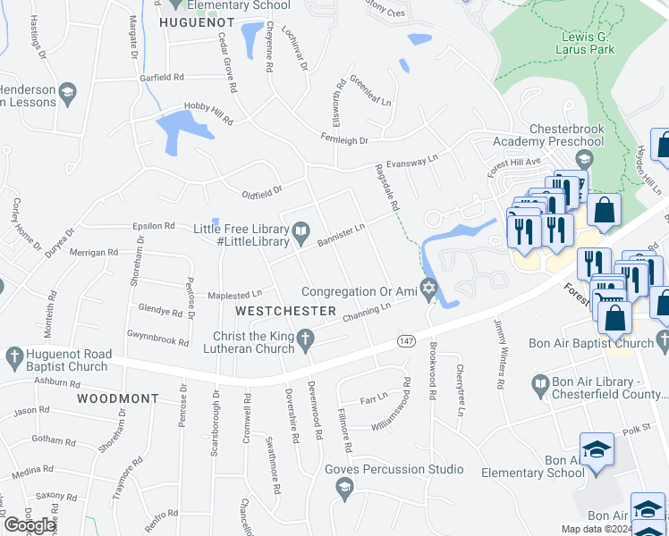 map of restaurants, bars, coffee shops, grocery stores, and more near 2912 Westgate Drive in Richmond