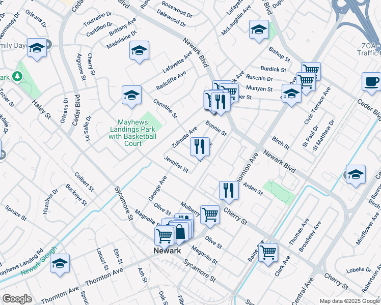 map of restaurants, bars, coffee shops, grocery stores, and more near 36593 Leone Street in Newark