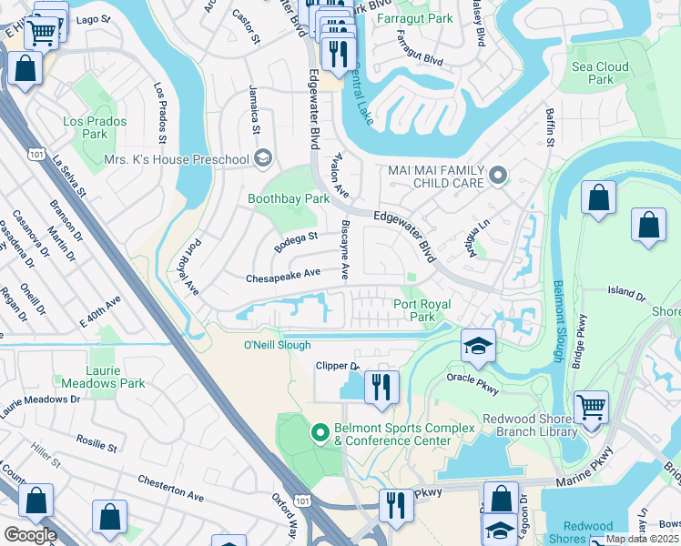 map of restaurants, bars, coffee shops, grocery stores, and more near 10 Port Royal Avenue in Foster City