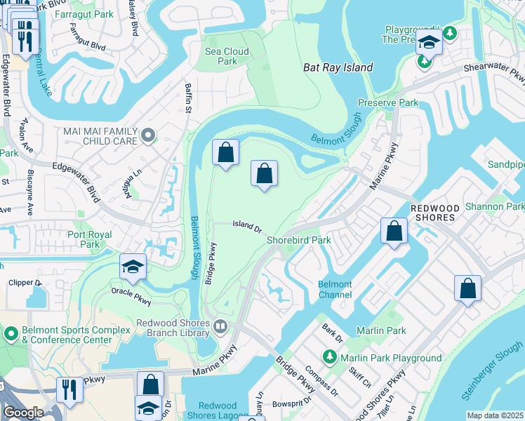 map of restaurants, bars, coffee shops, grocery stores, and more near 935 Island Drive in Redwood City