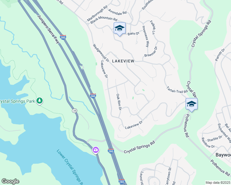 map of restaurants, bars, coffee shops, grocery stores, and more near 1485 Oak Rim Drive in Hillsborough