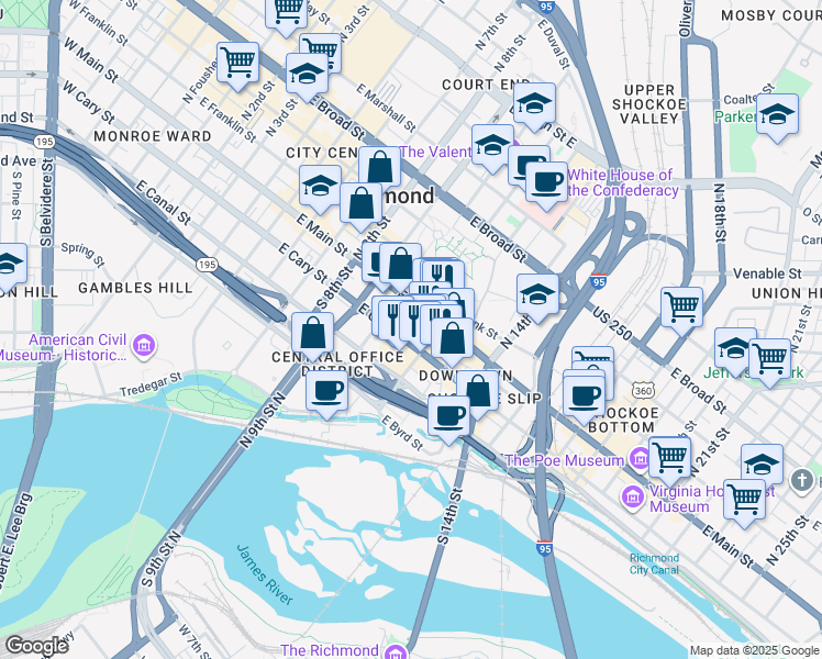 map of restaurants, bars, coffee shops, grocery stores, and more near 1111 East Main Street in Richmond