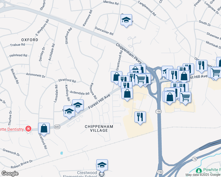 map of restaurants, bars, coffee shops, grocery stores, and more near 2700 Grantwood Road in Richmond