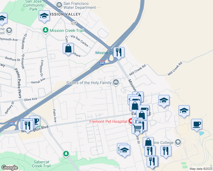 map of restaurants, bars, coffee shops, grocery stores, and more near 335 Vía Rosario in Fremont